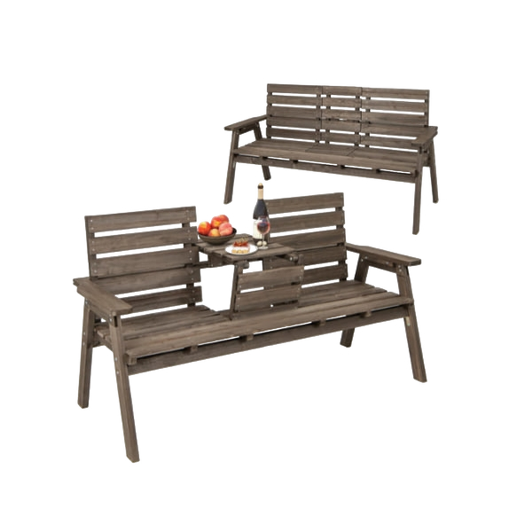 COSTWAY Garden Bench with Table, Wooden Bench for 2-3 People, Bench with Folding Center Table, Up to 320 kg, Bench with Backrest, Park Bench Made of Pine Wood for Balcony, Garden, Patio, 160 x 64 x 86