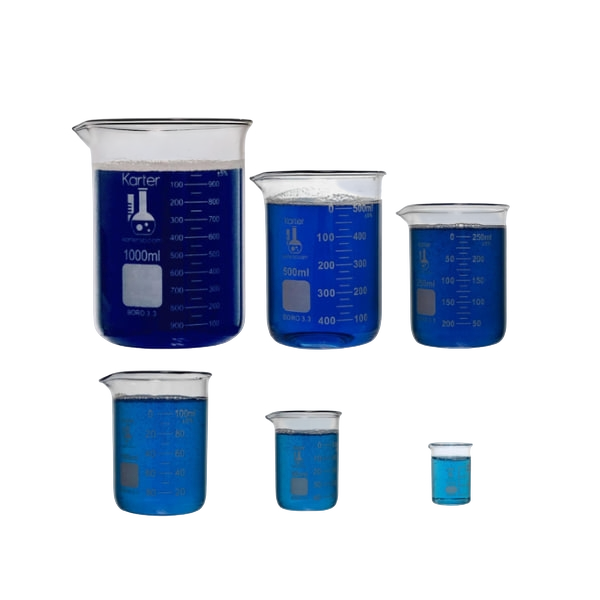 Karter Scientific, 3.3 Boro, Griffin Low Form, Glass Beaker Set - 6 Sizes - 10ml, 50ml, 100ml, 250ml, 500ml, 1000ml