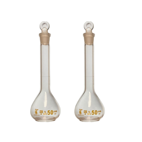 50ml Volumetric Flask, 3.3 Boro Glass, Class A, Ground Stopper, Karter Scientific 252X3 (Pack of 2)